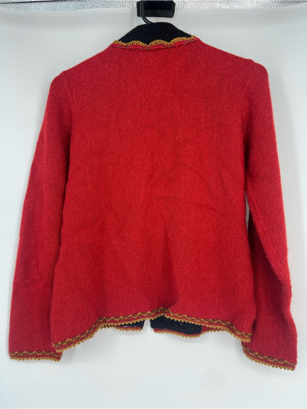 Alpaca Red Floral Embroidered Cardigan Sweater with Black Trim - Picture 3 of 4